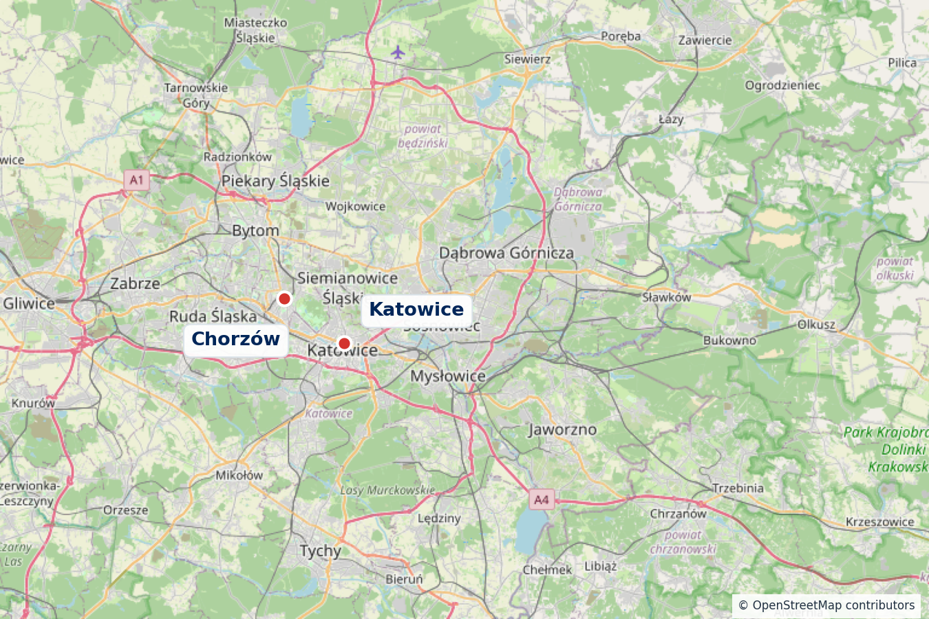 Mapa obszaru dojazdu w okolicach Chorzowa i Katowic